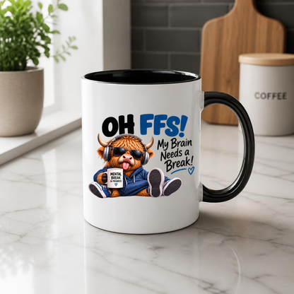 Highland Cow Mental Break Mug "OH FFS! My Brain Needs a Break!" Oh Ffs! My Brain Needs a Break! 325ml Ceramic Coffee Mug – Cute Highland Cow with Headphones, Sunglasses & "Mental Break" Mug | Funny Office Gift | Fast Dispatch by UK Seller (M3382)