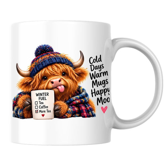 Cozy Mug "Cold Days Warm Mugs Happy Moo" Highland Cow 325ml Ceramic Coffee Mug – Winter Fuel Tea Cup with Knitted Beanie, Scarf & Hearts Gift | Available in Multicolours | Fast Dispatch by UK Seller (M1280)