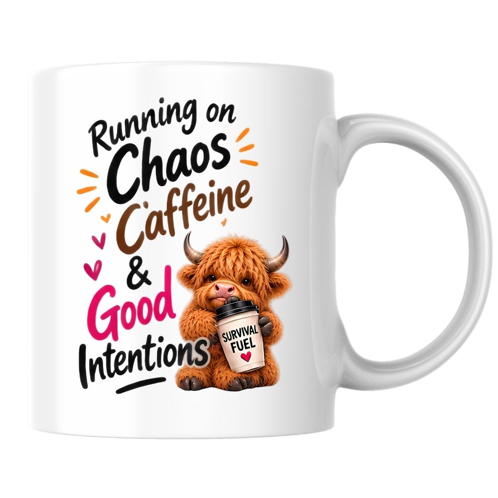 Humorous Mug "Running on Chaos Caffeine & Good Intentions" Highland Cow 325ml Ceramic Coffee Mug Funny Coffee Lover Tea Cup with Survival Fuel Cup Gift | Available in Multicolours | Fast Dispatch by UK Seller (M1286)