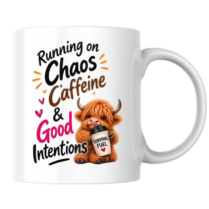 Humorous Mug "Running on Chaos Caffeine & Good Intentions" Highland Cow 325ml Ceramic Coffee Mug Funny Coffee Lover Tea Cup with Survival Fuel Cup Gift | Available in Multicolours | Fast Dispatch by UK Seller (M1286)