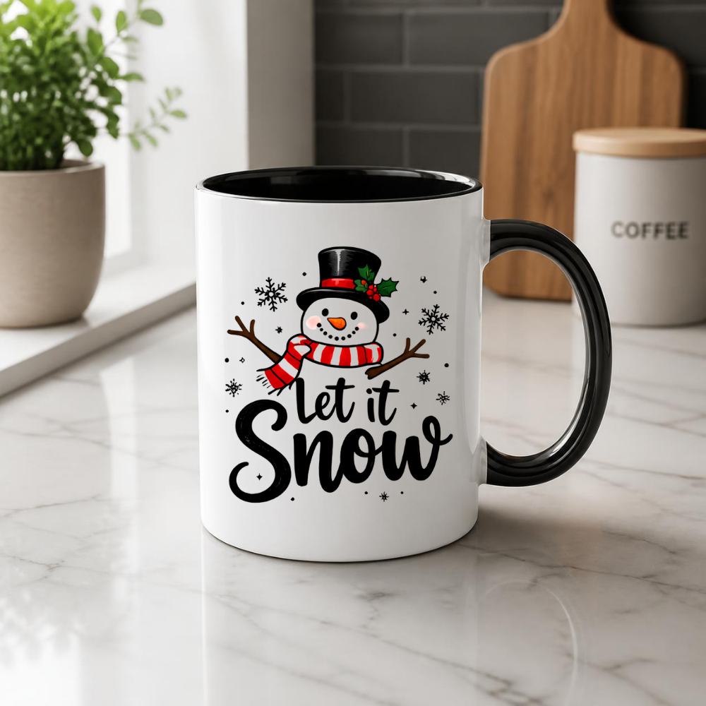 Snowman Christmas Mug "Let It Snow" Let It Snow 325ml Ceramic Coffee Mug – Cute Smiling Snowman with Top Hat, Red Striped Scarf & Flurry Snowflakes | Winter Holiday Gift | Fast Dispatch by UK Seller (M3433)