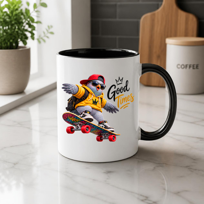 Skateboard Mug "Good Times Cool Pigeon" Good Times 325ml Ceramic Coffee Mug – Cool Skater Pigeon in Yellow Hoodie, Cap, Sunglasses & Skateboard Fun Gift For Skaters Friends | Available in Multicolours | Fast Dispatch by UK Seller (M3245)