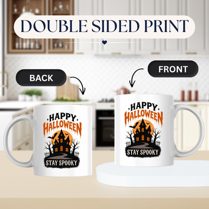 Halloween Mug "HAPPY HALLOWEEN Stay Spooky" Haunted House 325ml Ceramic Coffee Mug – Atmospheric Autumn Tea Cup with Full Moon & Bats Graphic Gift | Available in Multicolours | Fast Dispatch by UK Seller (M3072)