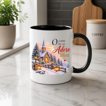 Christmas Mug "O Come Let Us Adore Him Luke 2:11" O Come Let Us Adore Him 325ml Ceramic Coffee Mug – Festive Winter Church Scene Mug with Lanterns Snow Dusted Trees Holiday Gift | Available in Multicolours | Fast Dispatch by UK Seller (M3322)