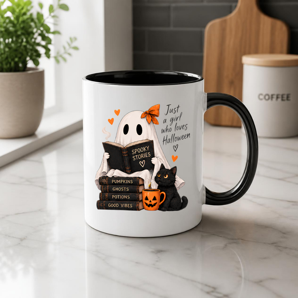 Halloween Mug "Reading Ghost Just a Girl Who Loves Halloween" 325ml Ceramic Coffee Mug–Cute Halloween Autumn Tea Cup With Reading Sheet Ghost Spooky Books Cat Graphic Gift | Available in Multicolours | Fast Dispatch by UK Seller (M3227)