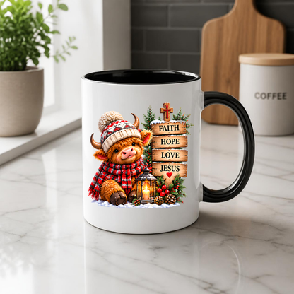 Religious Christmas Mug "Faith Hope Love Jesus" Highland Cow Faith Hope Love Jesus 325ml Ceramic Coffee Mug – Cute Highland Cow Winter Hat Mug with Wooden Signs, Lantern & Pinecones | Christian Holiday Gift | Fast Dispatch by UK Seller (M3356)