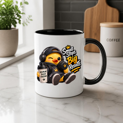 Fitness Mug "Small Steps Big Results Fitness Duck" 325ml Ceramic Coffee Mug – Cute Fitness Duck in Black Hoodie, Cap Headphones Holding Dumbbell Protein Shaker Gym Motivation Gift | Available in Multicolours | Fast Dispatch by UK Seller (M3257)