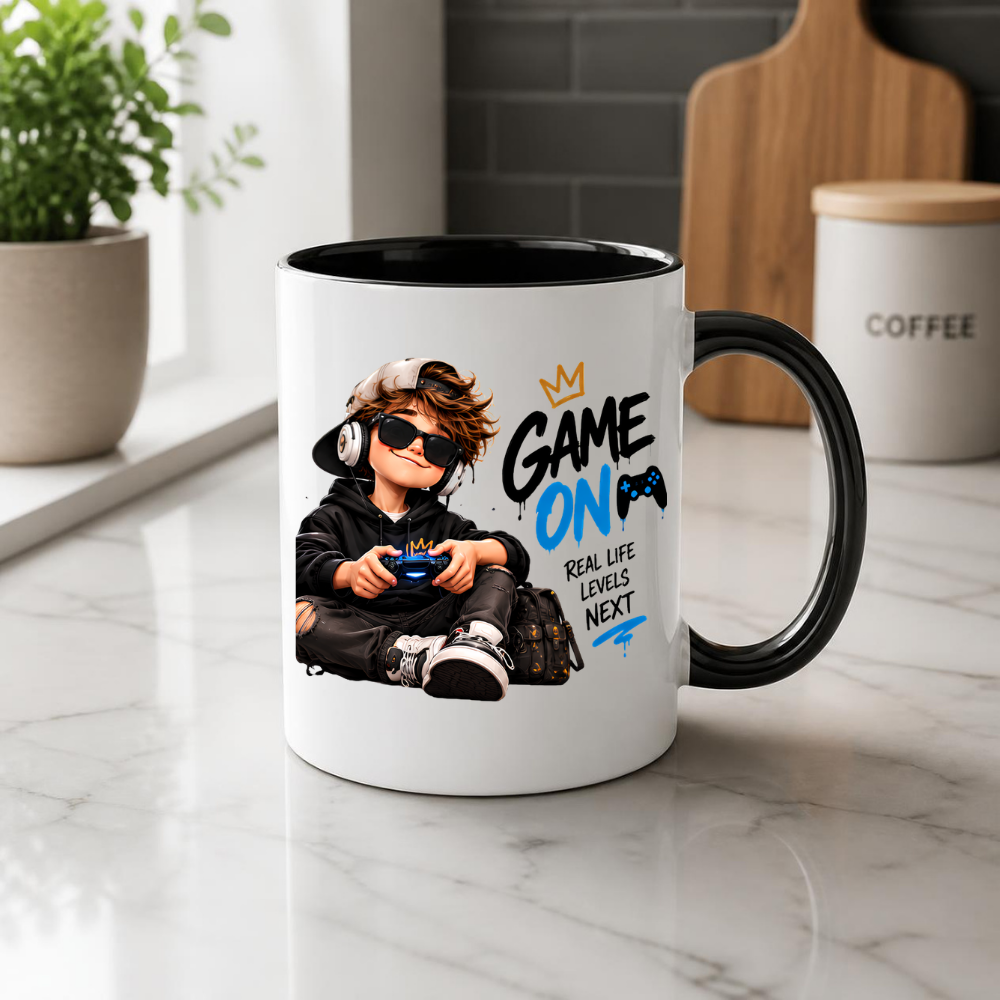 Gamer Mug "Game On" 325ml Ceramic Coffee Tea Cup – Cool Boy Graphic, Headphones, Controller & Slogan Novelty Gift for Gamers, Teens, Birthday – Fast Dispatch by UK Seller (M3502)