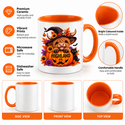 Halloween Mug "Highland Cow Witch Pumpkin" Highland Cow Witch Pumpkin 325ml Ceramic Coffee Mug – Cute Halloween Autumn Tea Cup with Highland Cow Witch Hat Jack O Lantern Black Cat Sunflowers Graphic Gift | Fast Dispatch by UK Seller (M3210)