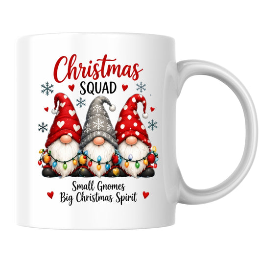 Festive Mug "Christmas Squad" Trio Gnomes 325ml Ceramic Coffee Mug – Cute Winter Holiday Tea Cup with String Lights & Hearts Gift | Available in Multicolours | Fast Dispatch by UK Seller (M1256)