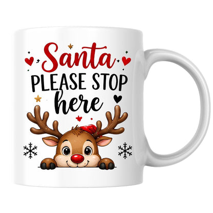 Festive Mug "Santa Please Stop Here" Reindeer Peeking 325ml Ceramic Coffee Mug Cute Winter Holiday Tea Cup with Red Nose, Snowflakes & Hearts Gift | Available in Multicolours | Fast Dispatch by UK Seller (M1274)