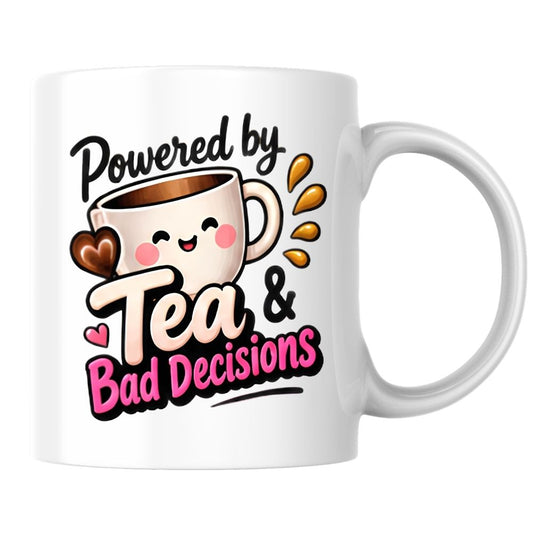 Humorous Mug "Powered by Tea & Bad Decisions" 325ml Ceramic Coffee Mug Cute Tea Lover Cup with Kawaii Smiling Teacup, Hearts & Splash Graphic Gift | Available in Multicolours | Fast Dispatch by UK Seller (M1300)