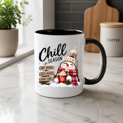 Snowman Chill Season Mug "Chill Season Hot Drinks Cosy Nights Good Vibes" Chill Season Hot Drinks 325ml Ceramic Coffee Mug – Cute Snowman in Beanie & Scarf holding Hot Chocolate Mug with Wooden Sign Post | Winter Gift | Fast Dispatch by UK Seller (M3400)
