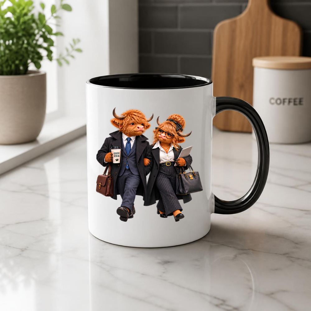 Business Mug "Professional Highland Cow Power Couple" Professional Highland Cow Power Couple 325ml Ceramic Coffee Mug – Stylish Office Corporate Tea Cup With Suits Coffee Graphic Gift | Available in Multicolours | Fast Dispatch by UK Seller (M3193)