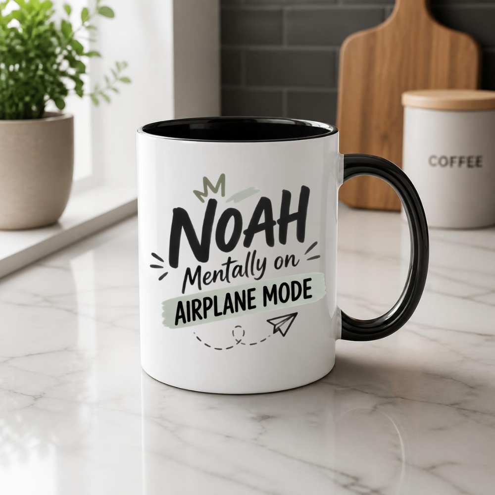 Personalized Name Mug "Noah Mentally On Airplane Mode" Noah Mentally On Airplane Mode 325ml Ceramic Coffee Mug – Custom Name Typography Slogan with Crown, Grey Brushstroke Banner & Paper Plane Graphic | Funny Gift | Fast Dispatch by UK Seller (M3453)