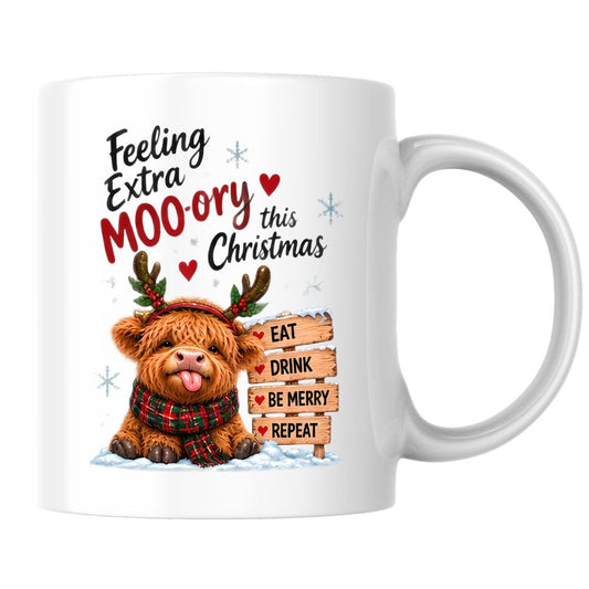 Festive Mug "Feeling Extra Moo-rry This Christmas" Highland Cow 325ml Ceramic Coffee Mug Cute Holiday Tea Cup with Reindeer Antlers, Plaid Scarf & Wooden Sign Gift | Available in Multicolours | Fast Dispatch by UK Seller (M1293)