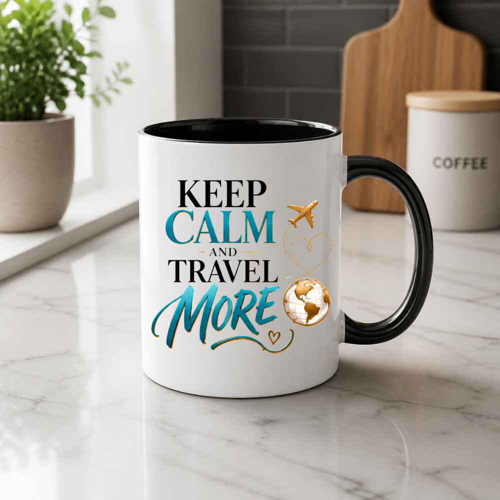 Travel Mug "Keep Calm And Travel More" 325ml Ceramic Coffee Tea Cup – Teal & Gold Typography, Globe & Airplane Slogan Novelty Gift for Travelers, Adventurers, Birthday – Fast Dispatch by UK Seller (M3495)