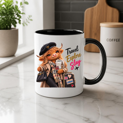 Travel Mug "Travel Explore Slay Highland Cow" Travel Explore Slay Highland Cow 325ml Ceramic Coffee Mug – Chic London Travel Tea Cup with Beret Trench Coat Scarf Graphic Gift | Available in Multicolours | Fast Dispatch by UK Seller (M3199)
