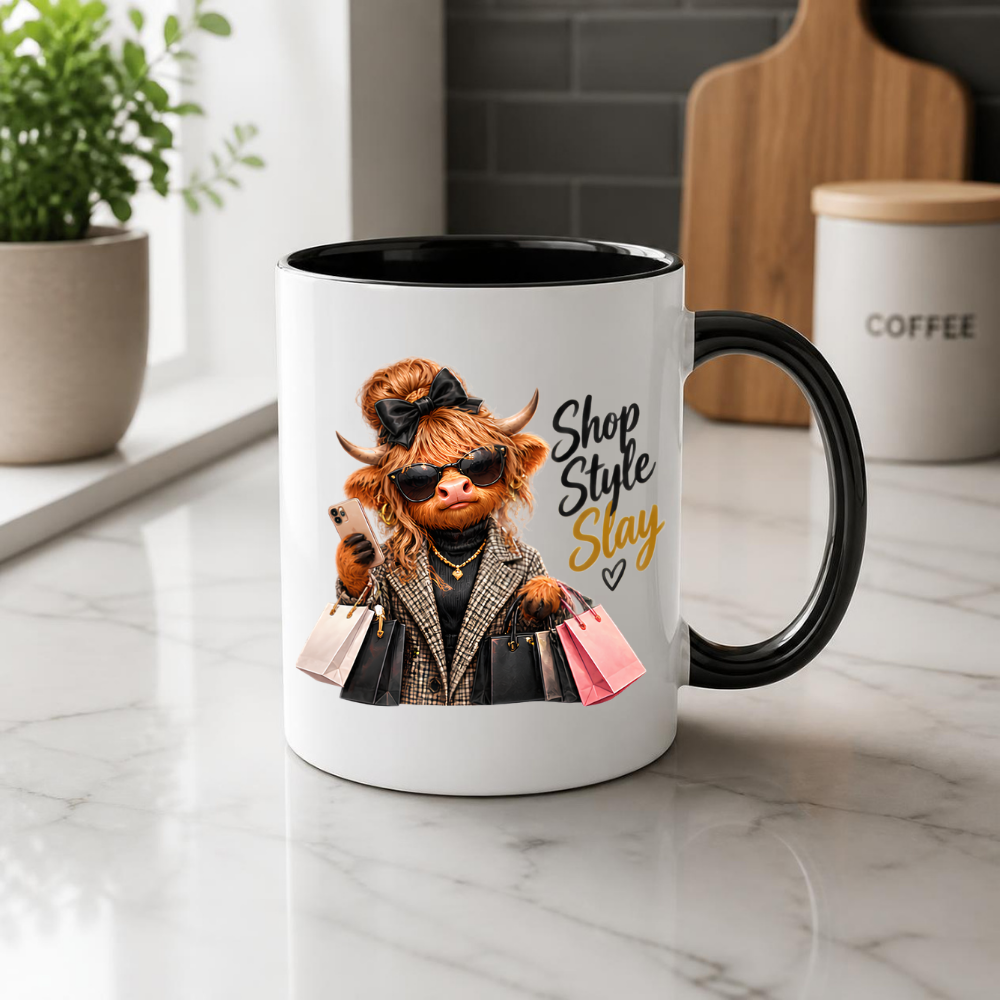 Highland Cow Mug "Shop Style Slay Highland Cow" Shop Style Slay 325ml Ceramic Coffee Mug – Glamorous Highland Cow with Shopping Bags, Smartphone Sunglasses Plaid Coat Fashion Gift | Available in Multicolours | Fast Dispatch by UK Seller (M3282)