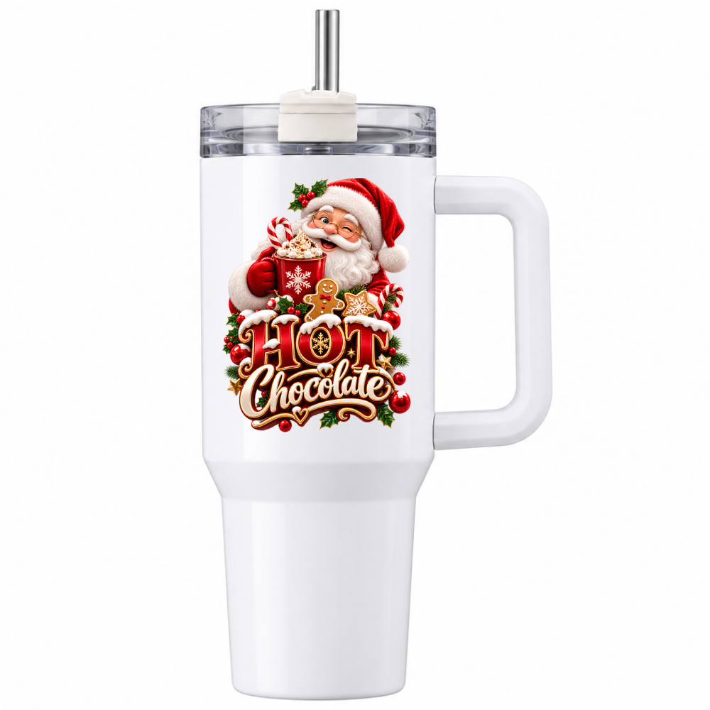 Festive Christmas Travel Tumbler "Hot Chocolate" Graphic 40oz Stainless Steel Insulated Travel Mug with Handle & Straw – Santa Claus with Cocoa Mug, Gingerbread Man & Candy Cane Holiday Gift | Fast Dispatch by UK Seller (T3069)