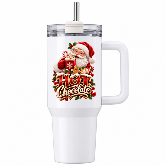Festive Christmas Travel Tumbler "Hot Chocolate" Graphic 40oz Stainless Steel Insulated Travel Mug with Handle & Straw – Santa Claus with Cocoa Mug, Gingerbread Man & Candy Cane Holiday Gift | Fast Dispatch by UK Seller (T3069)