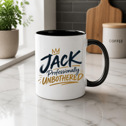 Personalized Name Mug "Jack Professionally Unbothered" Jack Professionally Unbothered 325ml Ceramic Coffee Mug – Custom Name Typography Slogan with Gold Crown & Brushstroke Accents | Funny Gift | Fast Dispatch by UK Seller (M3421)
