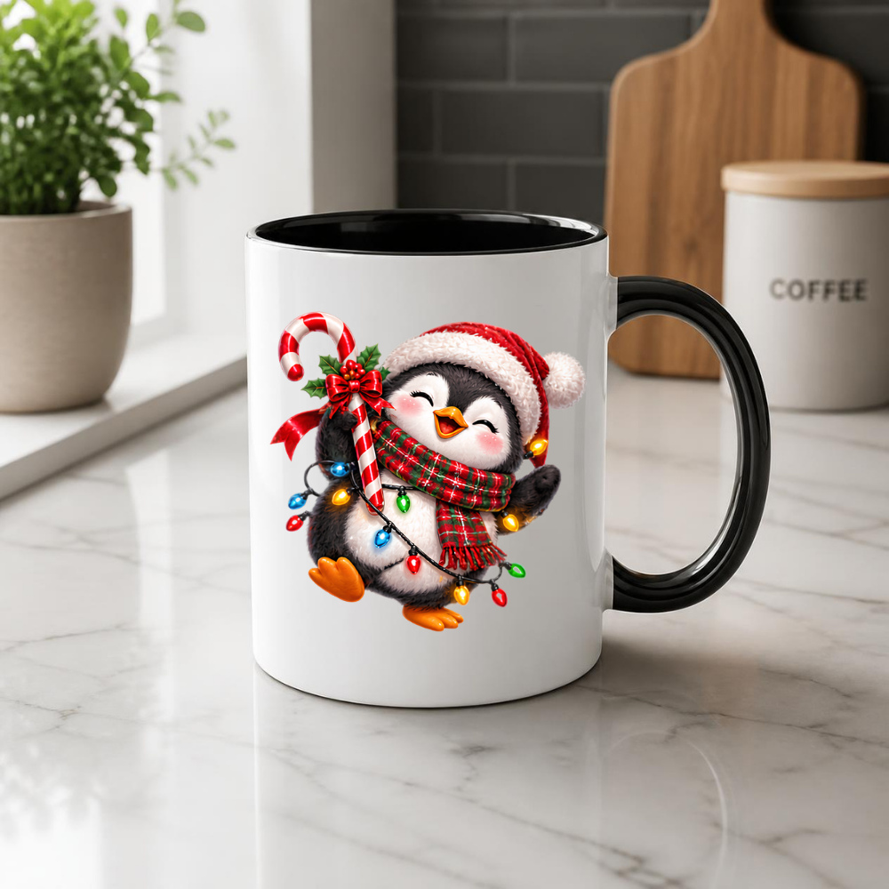 Christmas Mug "Happy Christmas Penguin Candy Cane" Happy Penguin 325ml Ceramic Coffee Mug – Festive Christmas Tea Cup with Santa Hat, Plaid Scarf Candy Cane Fairy Lights Graphic Gift | Available in Multicolours | Fast Dispatch by UK Seller (M3187)