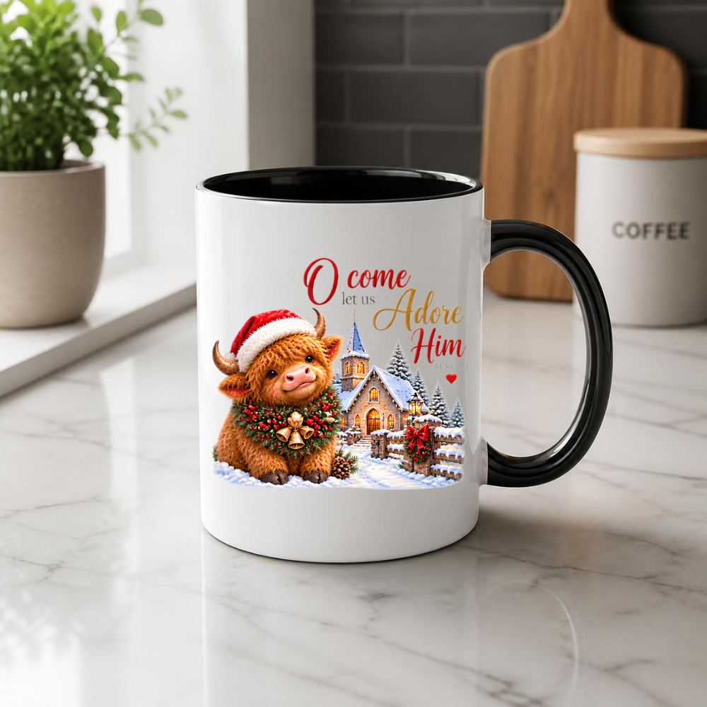 Christmas Mug "O Come Let Us Adore Him Highland Cow" Luke 2:11 325ml Ceramic Coffee Mug – Festive Highland Cow Mug With Christmas Bells Snowy Church Fence Christian Holiday Gift | Available in Multicolours | Fast Dispatch by UK Seller (M3310)