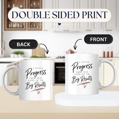 Inspirational Mug "A LITTLE Progress EACH DAY ADDS UP TO Big Results" Motivational Aesthetic 325ml Ceramic Coffee Mug Minimalist Desk Tea Cup with Brushstroke & Heart Graphic Gift | Available in Multicolours | Fast Dispatch by UK Seller (M3010)