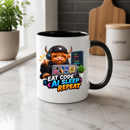 Tech Mug "Eat Code AI Sleep Repeat Highland Cow" 325ml Ceramic Coffee Mug – Cute Highland Cow in Cap & Headphones With Laptop Code Screen Tech Gift For Developers Coders | Available in Multicolours | Fast Dispatch by UK Seller (M3233)