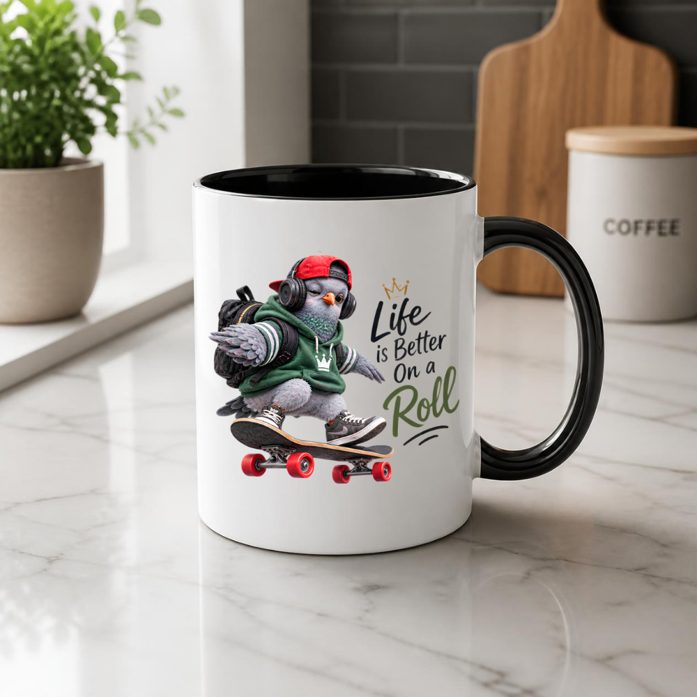 Skateboard Mug "Life Is Better On A Roll Cool Pigeon" 325ml Ceramic Coffee Mug – Cool Skater Pigeon with Red Cap, Headphones Green Hoodie Skateboard Gift For Skaters Friends | Available in Multicolours | Fast Dispatch by UK Seller (M3239)