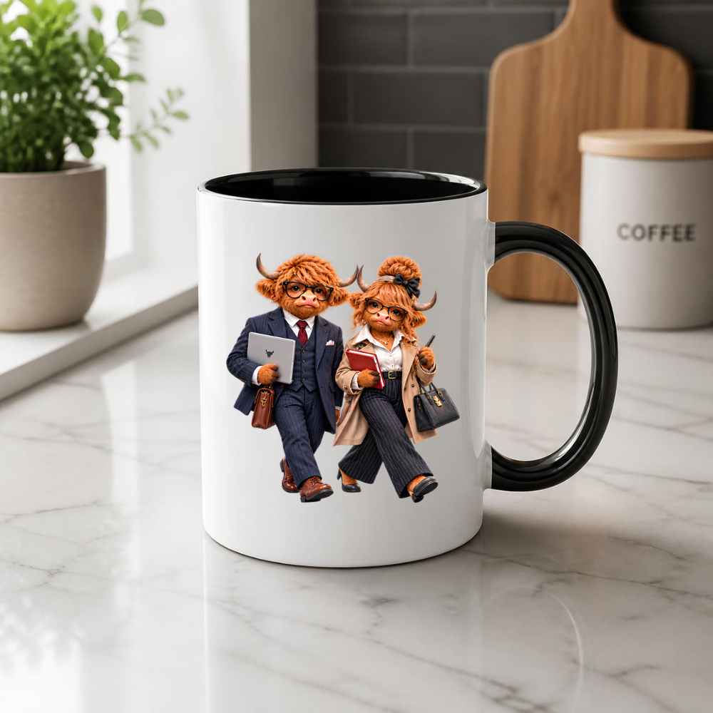 Corporate Mug "Professional Highland Cow Couple" 325ml Ceramic Coffee Mug – Stylish Highland Cow Couple in Suits Coat Holding Laptop Work Office Gift For Coworkers Professionals | Available in Multicolours | Fast Dispatch by UK Seller (M3264)