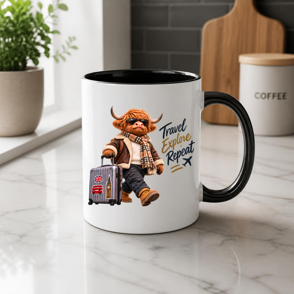 Travel Mug "Travel Explore Repeat Highland Cow" Travel Explore Repeat 325ml Ceramic Coffee Mug – Cool Explorer Highland Cow with Suitcase Shearling Jacket Sunglasses Holiday Wanderlust Gift | Available in Multicolours | Fast Dispatch by UK Seller (M3288)