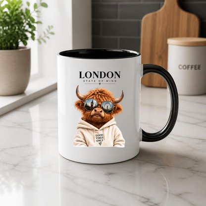 London State of Mind Highland Cow Mug "LONDON State of Mind, Good Vibes Only" Graphic 325ml Ceramic Coffee Cup Cool Highland Cow in Sunglasses Novelty Tea Cup | Trendy London Gift for Her & Him | Available in Multicolours | Fast Dispatch (M3139)