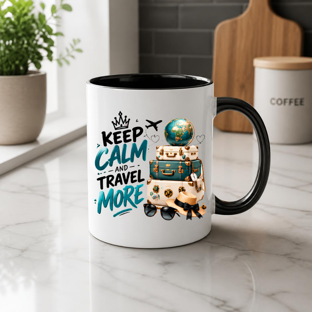 Travel Mug "Keep Calm And Travel More" 325ml Ceramic Coffee Tea Cup – Vintage Suitcases, Globe, Sunglasses & Slogan Novelty Gift for Travelers, Adventurers, Birthday – Fast Dispatch by UK Seller (M3508)