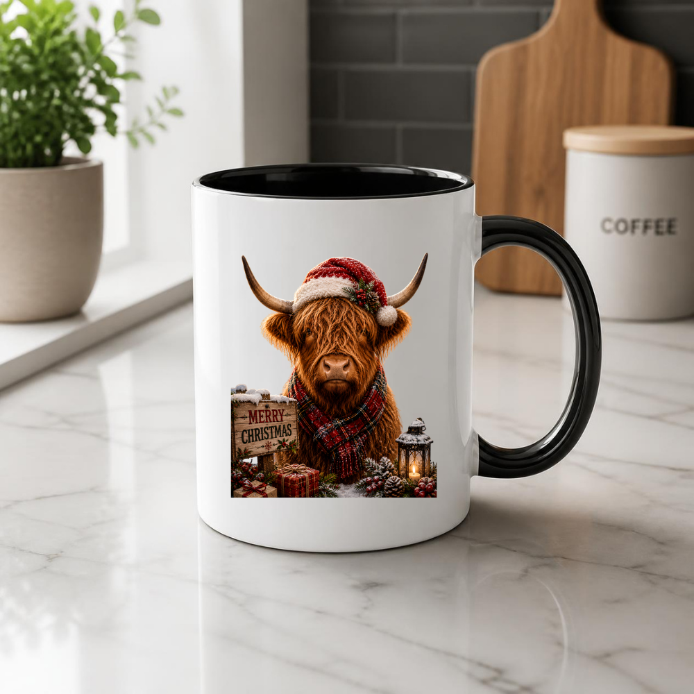 Festive Mug "Merry Christmas Highland Cow" Christmas Highland Cow 325ml Ceramic Coffee Mug Festive Winter Tea Cup with Santa Hat and Tartan Scarf Graphic Gift | Available in Multicolours | Fast Dispatch by UK Seller (M3157)