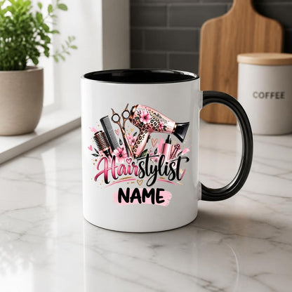 Personalised Mug "Hairstylist" Custom Name Hairdresser Coffee Cup 350ml Ceramic, Male Female Barber Hair Salon Design, Pink Floral Blue Hair Tools, Gift for Stylist Beautician Colleague, Birthday Christmas Secret Santa | Fast Dispatch by UK Seller (M1196)