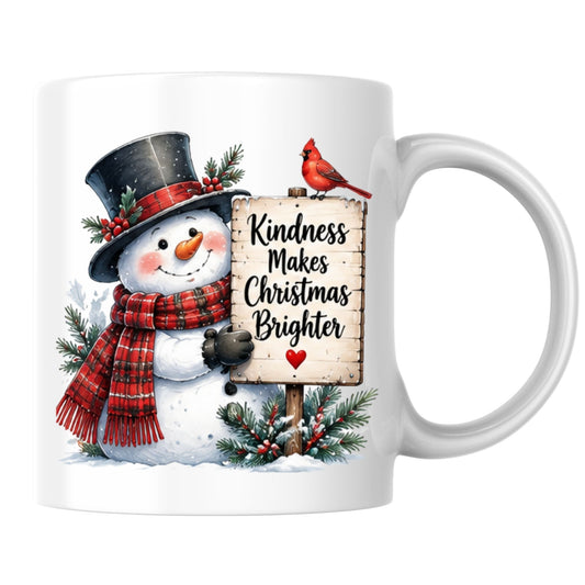 Heartwarming Mug "Kindness Makes Christmas Brighter" Snowman 325ml Ceramic Coffee Mug – Cute Winter Holiday Tea Cup with Top Hat, Cardinal Wooden Sign Gift | Available in Multicolours | Fast Dispatch by UK Seller (M1249)