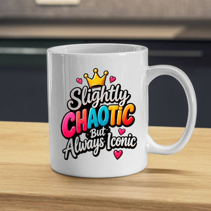 Sassy Mug "Slightly Chaotic But Always Iconic" 325ml Ceramic Coffee Mug Cute Bold Typography Tea Cup with Gold Crown & Pink Hearts Gift | Available in Multicolours | Fast Dispatch by UK Seller (M1301)