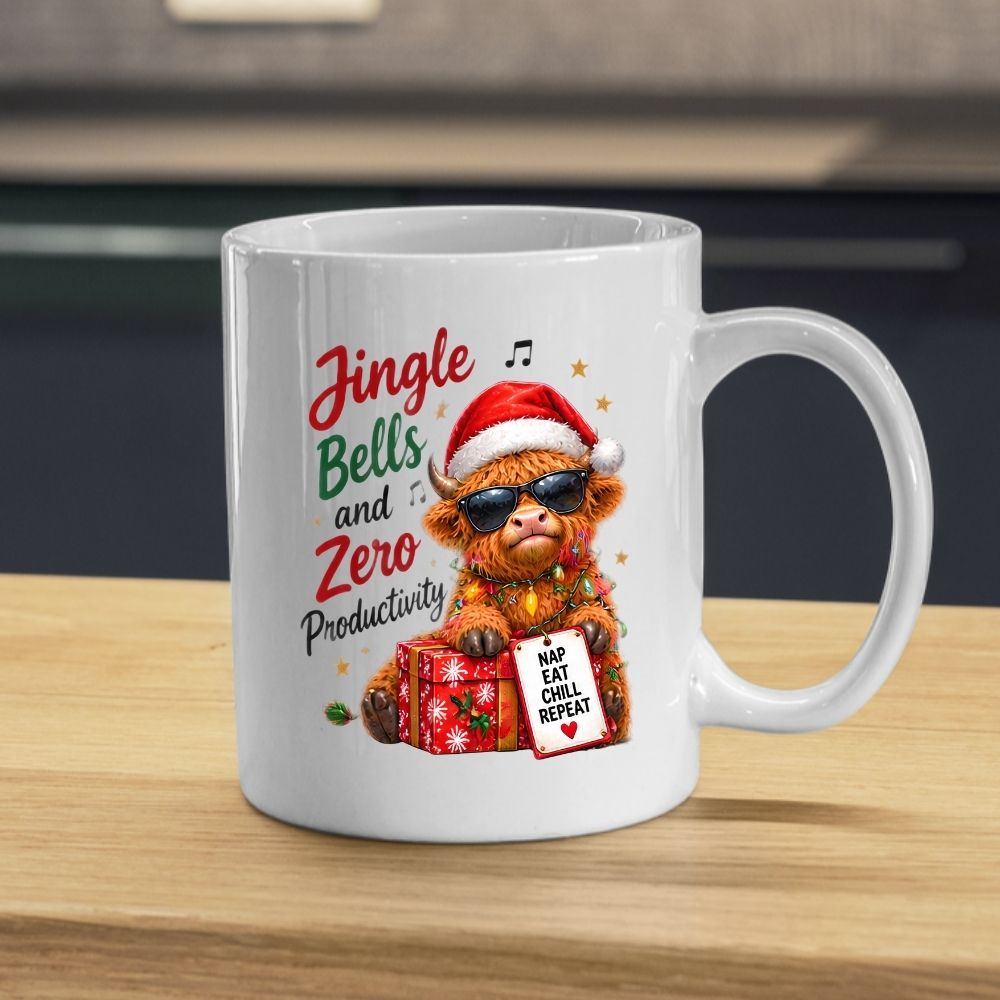 Festive Mug "Jingle Bells and Zero Productivity" Highland Cow 325ml Ceramic Coffee Mug Funny Christmas Holiday Tea Cup with Sunglasses, Fairy Lights & Gift Tag | Available in Multicolours | Fast Dispatch by UK Seller (M1294)