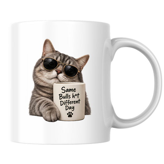 Sarcastic Cat Mug "Same Bulls h*t Different Day" Cool Tabby Cat 325ml Ceramic Coffee Mug Funny Grumpy Kitten Tea Cup with Sunglasses & Mini Mug Graphic Gift | Available in Multicolours | Fast Dispatch by UK Seller (M3011)