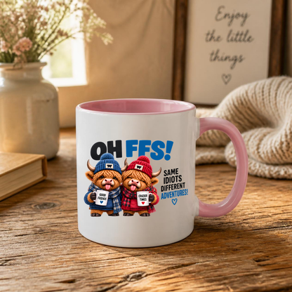 Winter Besties Highland Cows Mug "OH FFS! Same Idiots Different Adventures!" Oh Ffs! Same Idiots Different Adventures! 325ml Ceramic Coffee Mug –Cute Highland Cows in Bobble Hats with Mugs & Scarves | Funny Bestie Gift | Fast Dispatch by UK Seller (M3372)