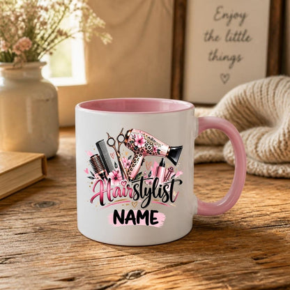 Personalised Mug "Hairstylist" Custom Name Hairdresser Coffee Cup 350ml Ceramic, Male Female Barber Hair Salon Design, Pink Floral Blue Hair Tools, Gift for Stylist Beautician Colleague, Birthday Christmas Secret Santa | Fast Dispatch by UK Seller (M1196)