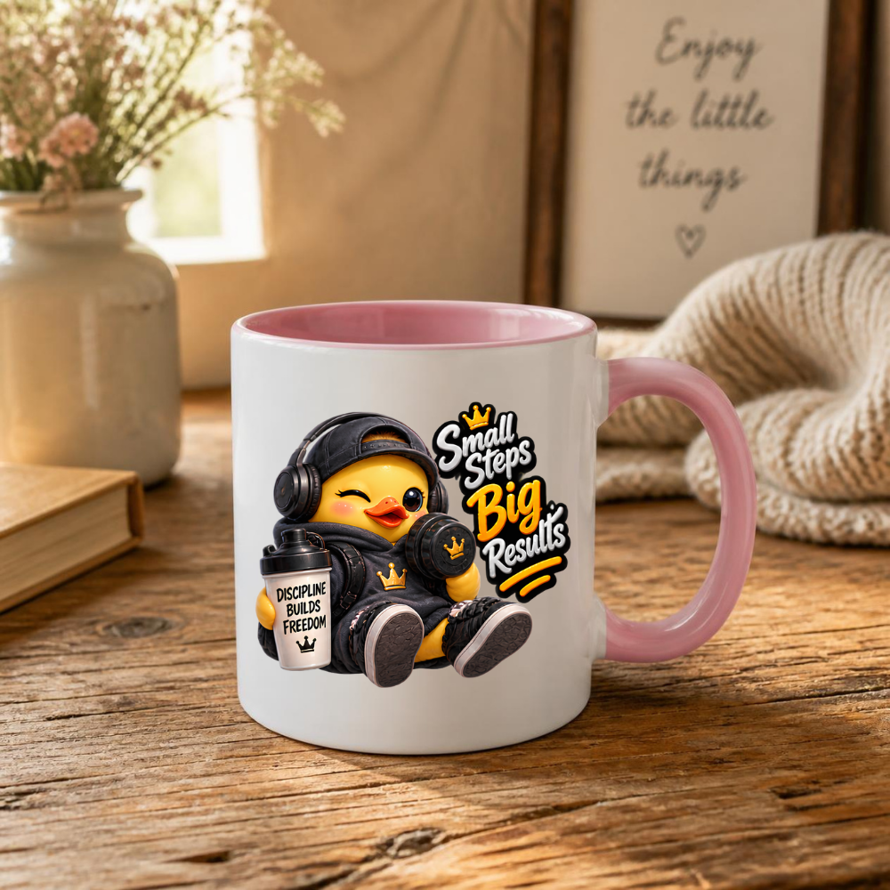 Fitness Mug "Small Steps Big Results Fitness Duck" 325ml Ceramic Coffee Mug – Cute Fitness Duck in Black Hoodie, Cap Headphones Holding Dumbbell Protein Shaker Gym Motivation Gift | Available in Multicolours | Fast Dispatch by UK Seller (M3257)