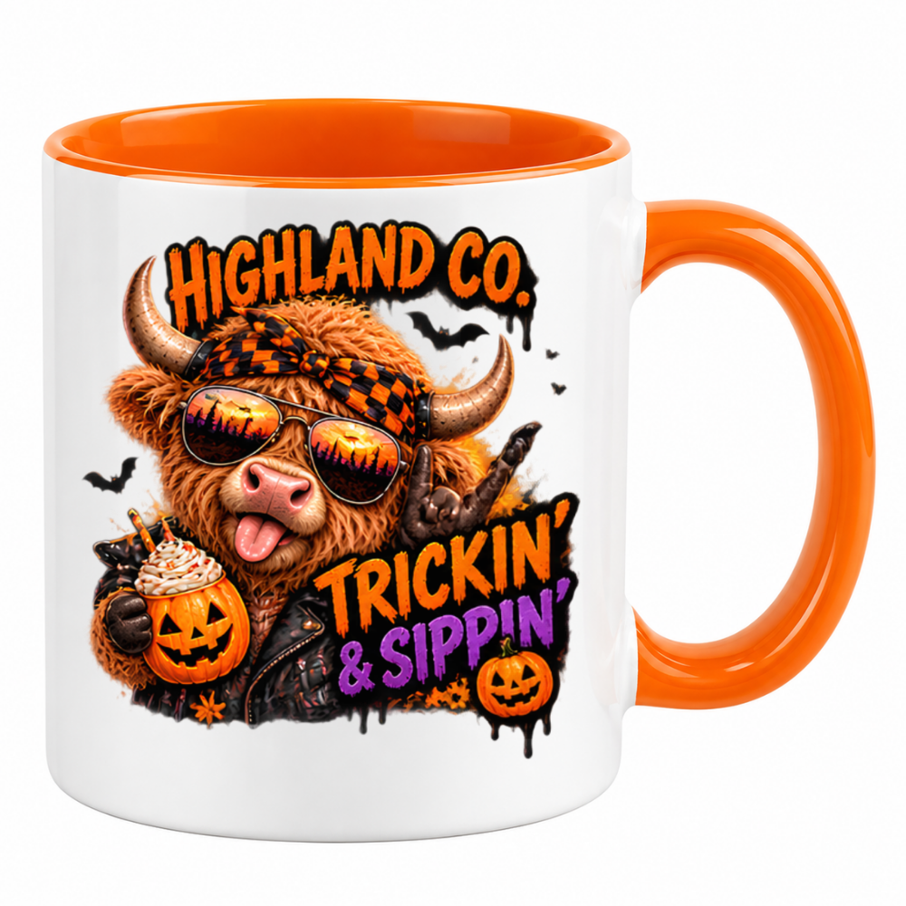 Halloween Mug "Highland Cow Trickin' & Sippin'" Highland Cow Trickin' and Sippin' 325ml Ceramic Coffee Mug – Funny Halloween Autumn Tea Cup With Cool Highland Cow Sunglasses Bandana Jack O Lanterns Graphic Gift | Fast Dispatch by UK Seller (M3211)