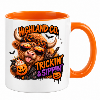 Halloween Mug "Highland Cow Trickin' & Sippin'" Highland Cow Trickin' and Sippin' 325ml Ceramic Coffee Mug – Funny Halloween Autumn Tea Cup With Cool Highland Cow Sunglasses Bandana Jack O Lanterns Graphic Gift | Fast Dispatch by UK Seller (M3211)