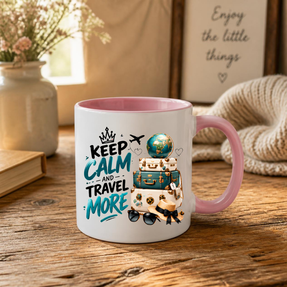 Travel Mug "Keep Calm And Travel More" 325ml Ceramic Coffee Tea Cup – Vintage Suitcases, Globe, Sunglasses & Slogan Novelty Gift for Travelers, Adventurers, Birthday – Fast Dispatch by UK Seller (M3508)
