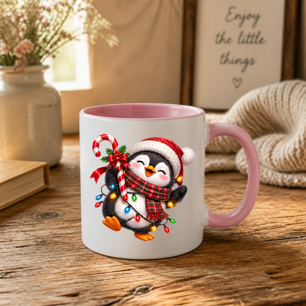 Christmas Mug "Happy Christmas Penguin Candy Cane" Happy Penguin 325ml Ceramic Coffee Mug – Festive Christmas Tea Cup with Santa Hat, Plaid Scarf Candy Cane Fairy Lights Graphic Gift | Available in Multicolours | Fast Dispatch by UK Seller (M3187)
