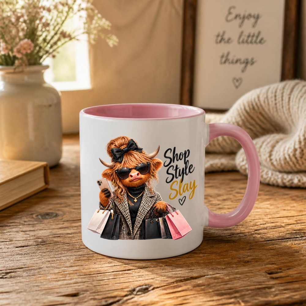 Highland Cow Mug "Shop Style Slay Highland Cow" Shop Style Slay 325ml Ceramic Coffee Mug – Glamorous Highland Cow with Shopping Bags, Smartphone Sunglasses Plaid Coat Fashion Gift | Available in Multicolours | Fast Dispatch by UK Seller (M3282)