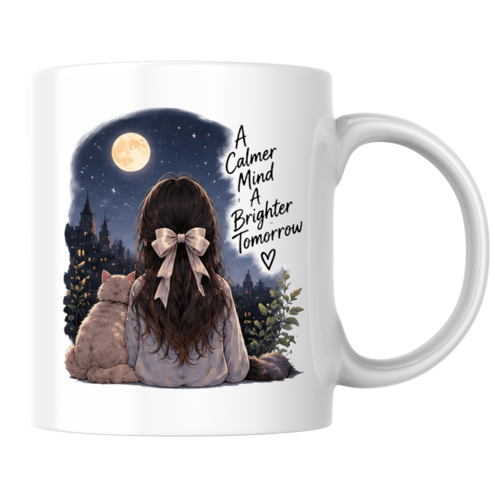 Inspirational Mug "A Calmer Mind A Brighter Tomorrow" Girl & Cat Night Sky 325ml Ceramic Coffee Mug Serene Anime Tea Cup with Full Moon & City Skyline Graphic Gift | Available in Multicolours | Fast Dispatch by UK Seller (M3029)